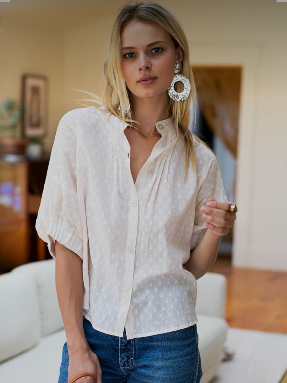 Emerson fry Classic Cream Textured Button-Front Women's Top